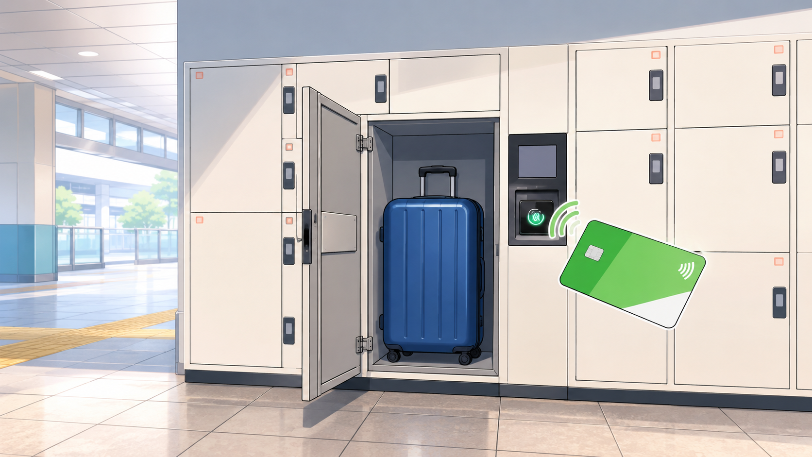 Blue suitcase stored in a coin locker at a Japanese train station