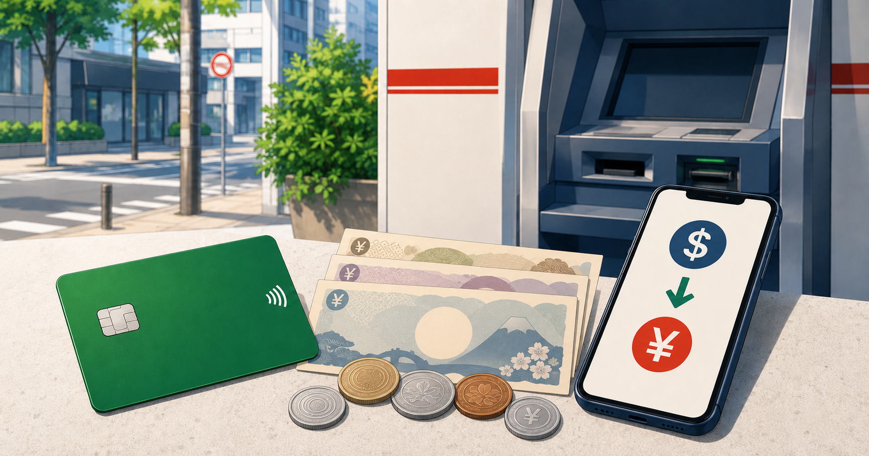 Generic U.S. payment card, Japanese yen and an ATM in Japan