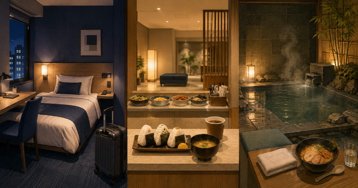Three Japanese hotel experiences comparing an urban room, breakfast service and relaxing public bath