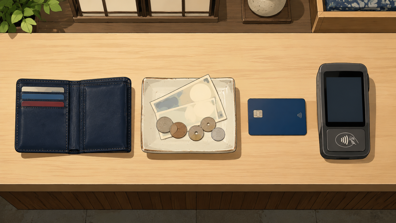 Japanese cash, a bank card, and a payment terminal arranged on a shop counter