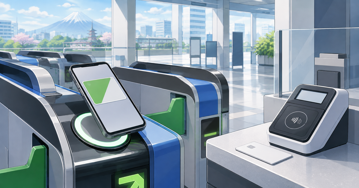 Smartphone using a digital transit card at a Japanese train gate beside a contactless payment terminal