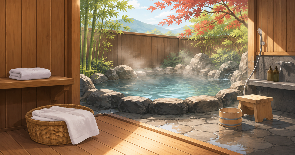 Empty Japanese outdoor onsen with washing stool, bucket and towels kept outside the bathwater