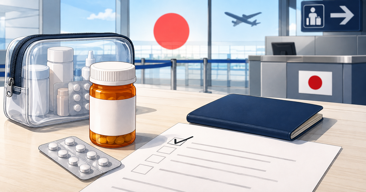 Prescription medication, passport and import documents prepared for travel to Japan