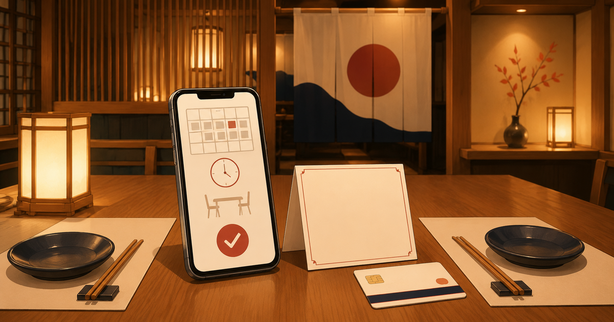 Japanese restaurant table with a smartphone reservation confirmation and payment card
