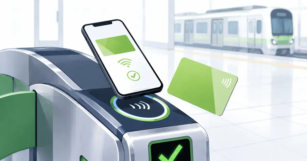 Smartphone and transit IC card being used at a Japanese train station gate