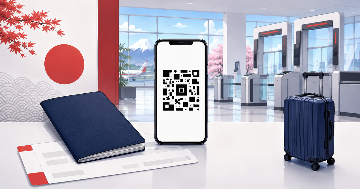 Smartphone displaying a Visit Japan Web QR code beside a passport and suitcase at a Japanese airport