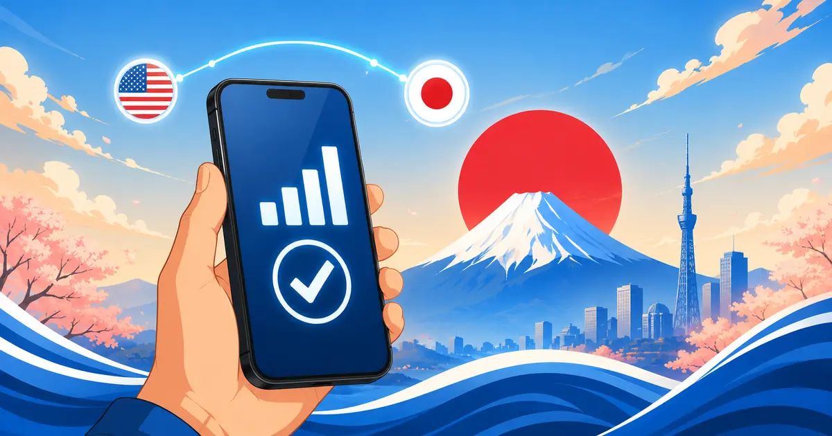 U.S. smartphone showing a successful connection in Japan with Mount Fuji in the background