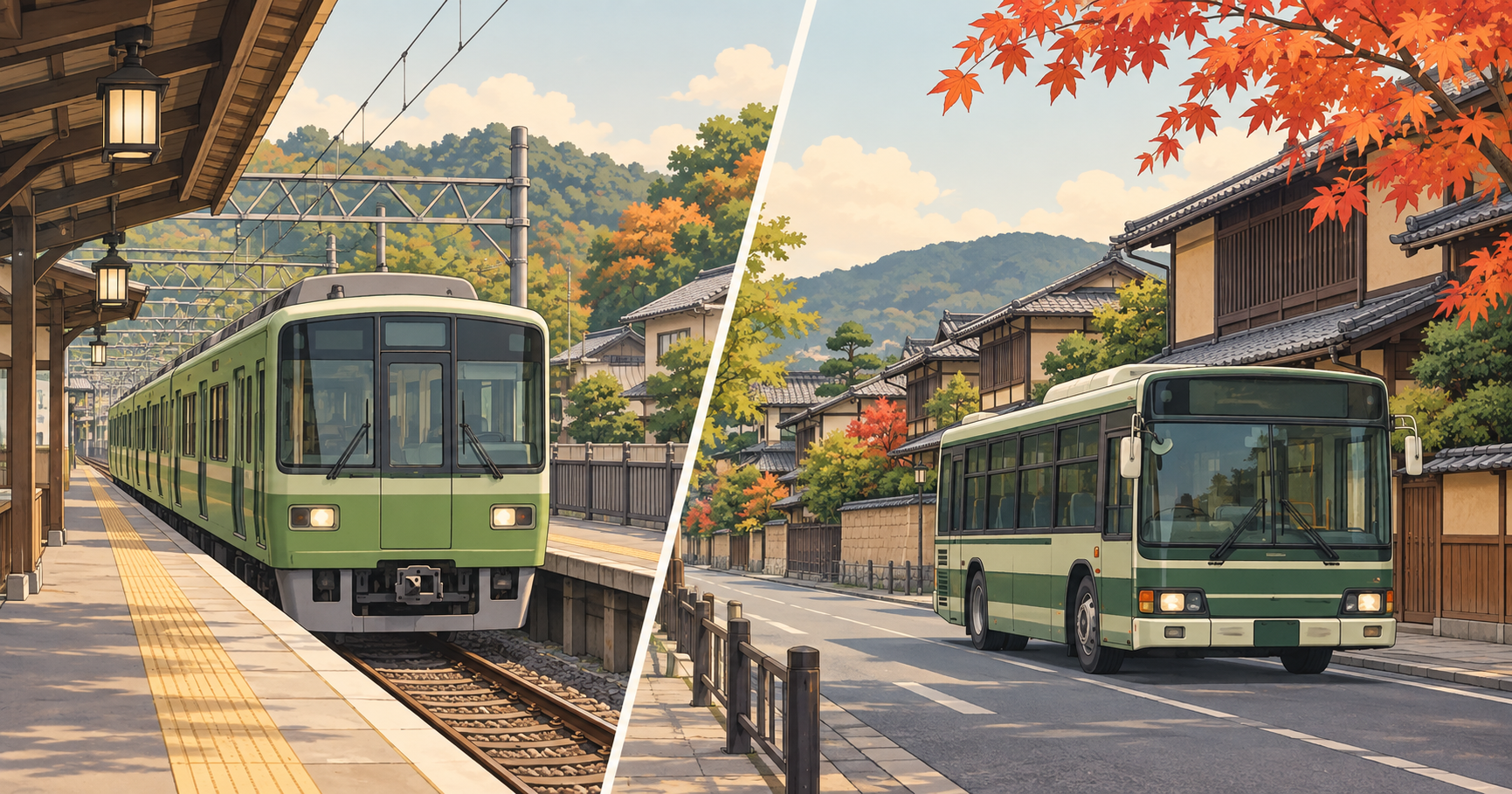 Illustration of a commuter train and city bus in Kyoto with traditional buildings and autumn leaves