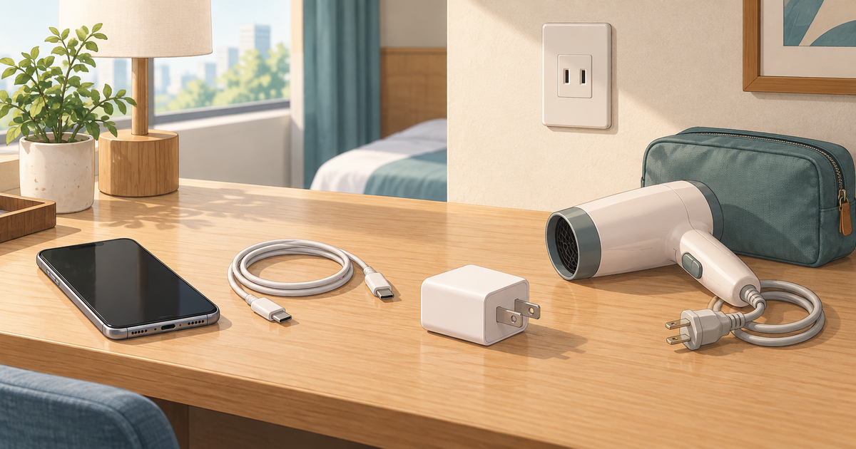 Phone, two-pin charger and hair dryer on a Japanese hotel desk beside a wall outlet