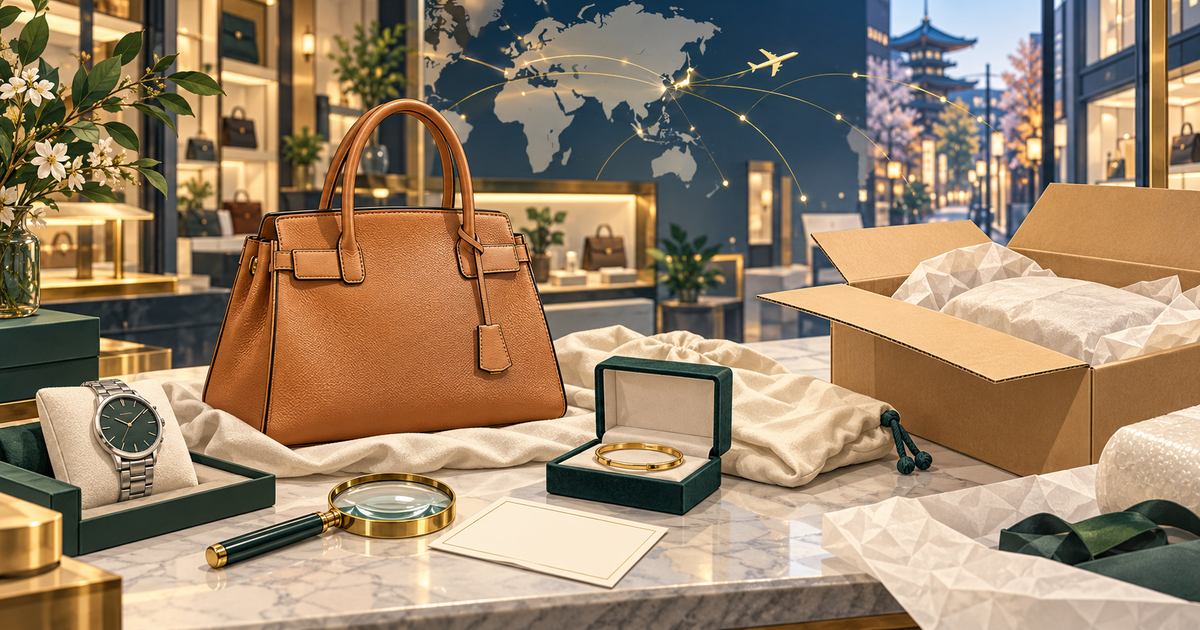 Unbranded handbag, watch and bracelet beside protective packaging for an international shipment from Japan